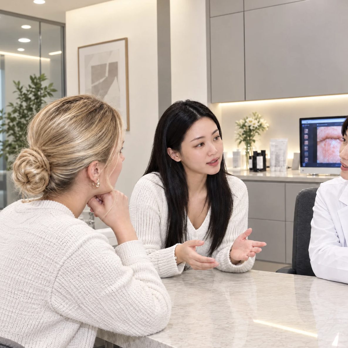A Beautrek coordinator sitting with a client during her consultation with a doctor at a Seoul clinic