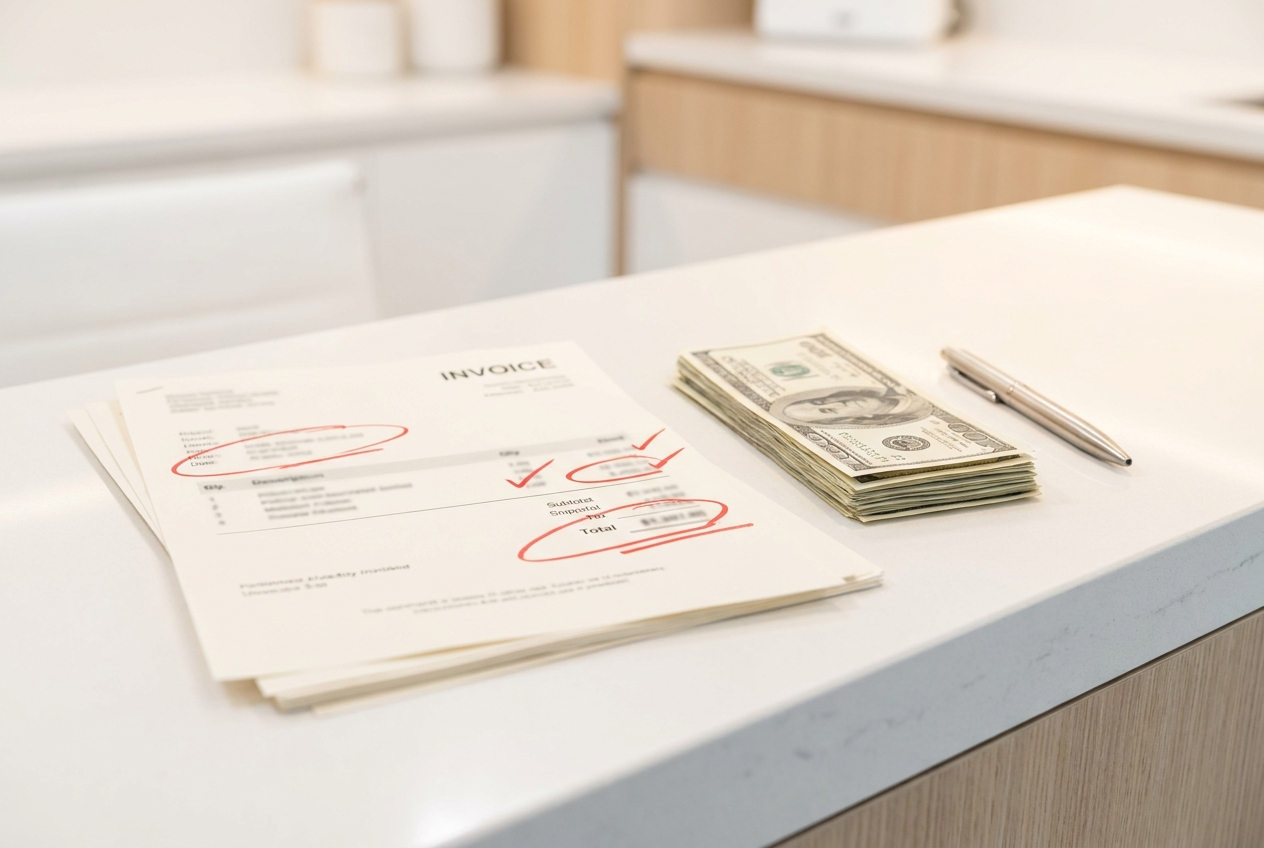 A clinic bill with hidden agency markups flagged in red
